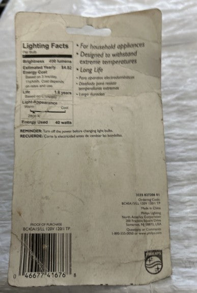Philips Kitchen Appliance 120V Clear A15 Medium Base Light Bulb 40W